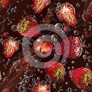 Seamless dessert banner with strawberries in liquid chocolate