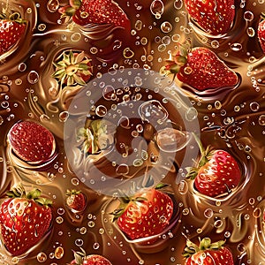 Seamless dessert banner with strawberries in liquid chocolate