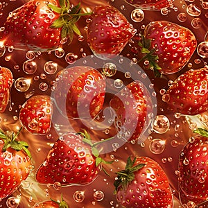 Seamless dessert banner with strawberries in liquid chocolate