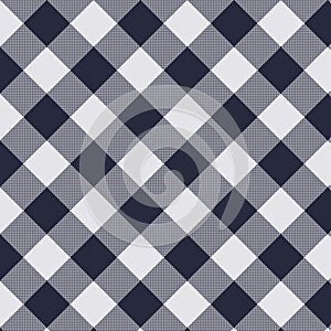 Seamless diagonal pixel plaid and checkered patterns in dark blue and white for textile design.