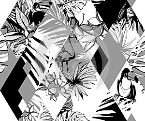 Seamless diamond pattern Tropical birds palms flowers. Grunge ink style.