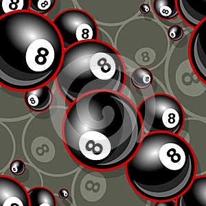 Seamless digital pattern with billiards pool snooker 8 ball icon.