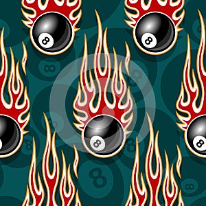 Seamless digital vector pattern with billiards pool snooker 8 ball icons and flames.
