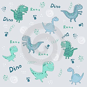 Seamless dinosaurs pattern. Cute different shape dinozaurus