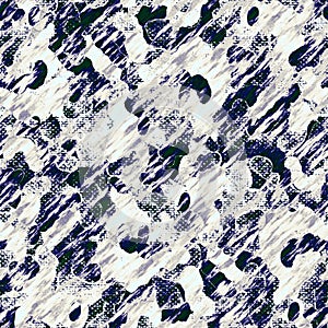 Seamless distressed glitch blur woven texture background. Speckled mottle irregular effect pattern. Weathered blue white