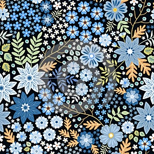 Seamless ditsy floral pattern with beautiful blue flowers and leaves on black background in folk style.