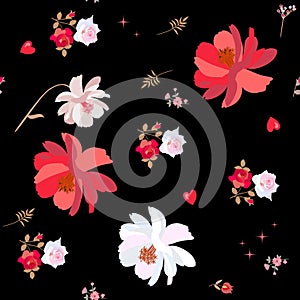 Seamless ditsy floral pattern with roses and cosmos flowers, hearts and stars isolated on black background in vector.