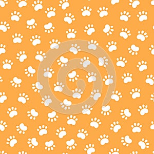 Seamless dog pattern with paw prints. Cat foots texture. Pattern with doggy pawprints. Orange dog texture. Hand drawn