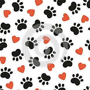 Seamless dog pattern with paw prints and red hearts. Cat foot texture. Pattern with doggy pawprint and hearts. Dog