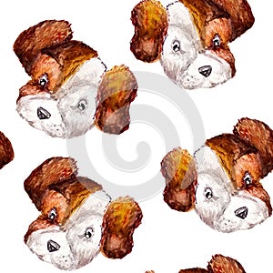 Seamless doggy watercolor pattern of portraits of heads of Jack Russell terrier prices on a white background