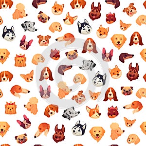 Seamless dogs faces. Funny dog face, puppy pet head and animals group vector background pattern