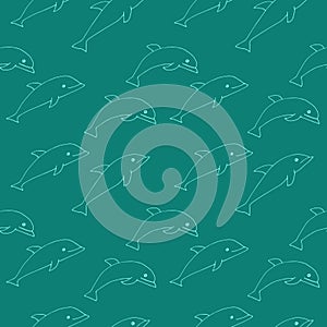 Seamless dolphin pattern, vector illustration, hand drawn, green color