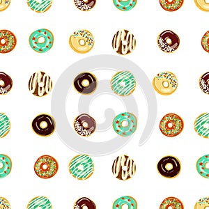 Seamless donut pattern on white background with various toppings