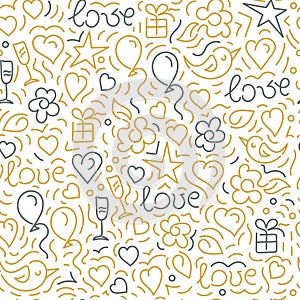 Seamless doodle background. Words Love, hearts. flowers on white