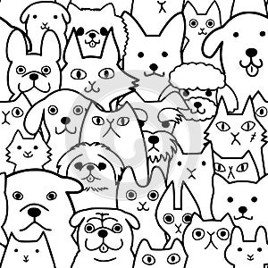 Seamless doodle cats and dogs lineart background