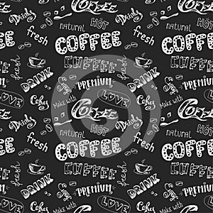 Seamless doodle coffee pattern on black background ,hand drawn