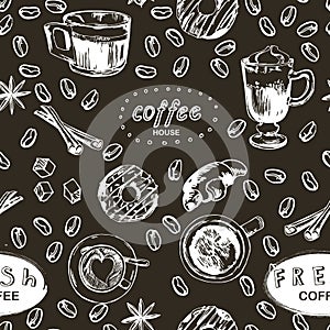 Seamless doodle coffee pattern, hand drawn. Vector illustration