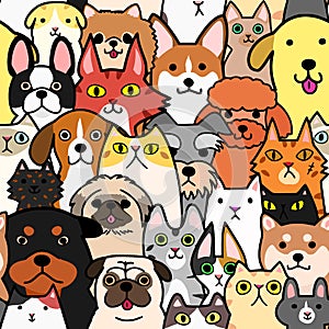 Seamless doodle cats and dogs colorful background photo