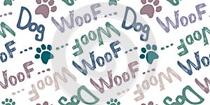 seamless doodle drawing with the word woof and dog. A pattern on the topic of a puppy, grooming, veterinary medicine