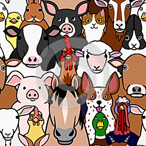 Seamless doodle farm animals faces color background
