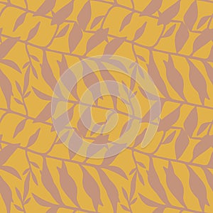 Seamless doodle pattern with floral leaves ornament. Autumn stylistic with orange background and pastel foliage