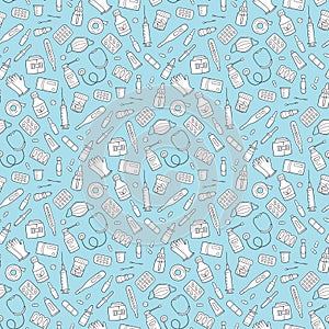 Seamless doodle pattern with medications, drugs, pills, bottles and health care medical elements.