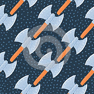 Seamless doodle pattern with norway viking ax print. Ancients old armor silhouettes in blue and orange colors on navy blue dotted