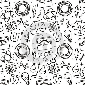 Seamless doodle pattern with school elements. Pattern with physics objects