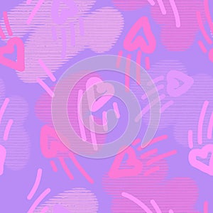 Seamless doodle pattern of stilized hearts on blue background with pink spots. photo