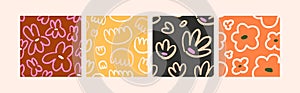 Seamless doodle patterns with flowers, abstract shapes set. Repeating prints, endless backgrounds. Naive floral textures