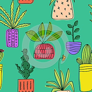 Seamless doodle plants in pots. Ideal for branding, printing fashionable fabrics and advertising products. Vector hand-drawn