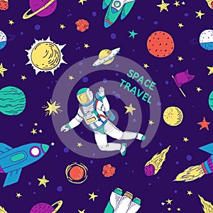 Seamless doodle space pattern. Trendy cute kids hand drawn graphic astronomy elements. Vector rocket star planet space