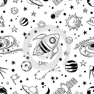 Seamless doodle space pattern. Trendy kids cosmos graphic elements, astronomy pencil sketch. Vector star planet meteor