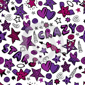 Seamless doodle stars and hearts pattern. Hand drawn.