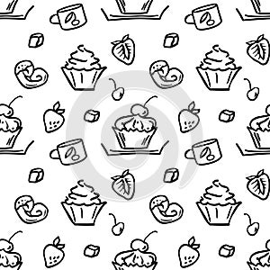 Seamless doodles pattern with bakery elements black on white