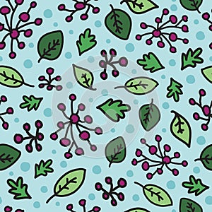 Seamless doodles pattern berry and leaves