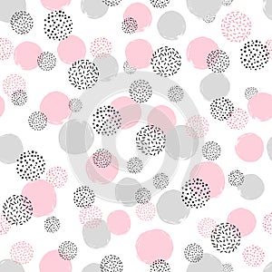 Seamless dotted pattern with pink and gray circles