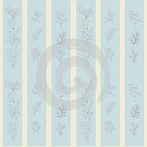 Seamless drawing of botanical branches of plants, graphic contours drawn by hand, striped background of light tones for printing