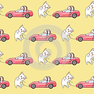 Seamless drawn kawaii cat is hauling a pink sport car pattern