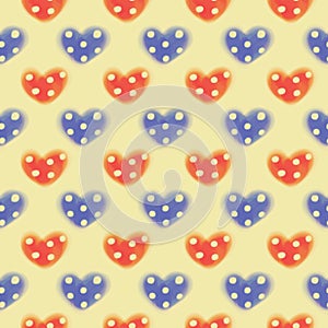 Seamless drawn pattern. Watercolor background with hand drawn hearts with dots