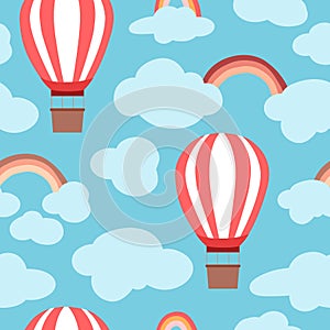 Seamless dreamy sky and air balloon rainbow background pattern in vector