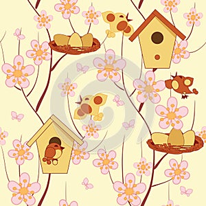 Seamless Easter background with birdhouses, birds and flowering branches