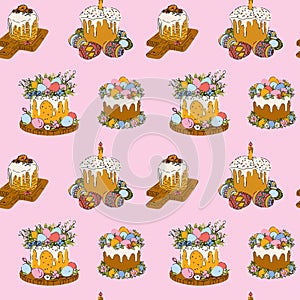Seamless Easter Cake Pattern with Eggs and Flowers