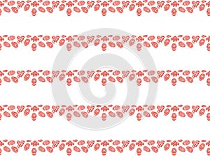 Seamless Easter pattern from abstract krasn flowers and eggs laid out in strips in the Scandinavian style on a white background.