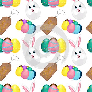 Seamless Easter Pattern with Bunny, Eggs, and Happy Easter Tags