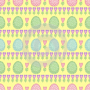 Seamless Easter pattern, card. Vector background with Easter eggs, spring flowers and hearts.