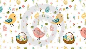 Seamless Easter pattern with colorful eggs, birds and flowers on a white background