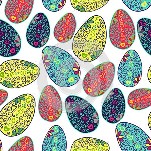 Seamless Easter pattern with decor hand drawn easter eggs in blue, yellow, green, red, on background. Perfect vector for