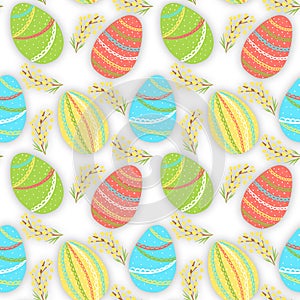 Seamless easter pattern with eggs and flowers on the white background, scrapbooking paper, high quality for print, easter celebrat