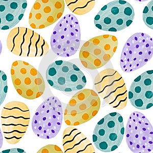 Seamless Easter pattern. Eggs texture. Watercolour spring art. Design elements. Colorful watercolor Illustration